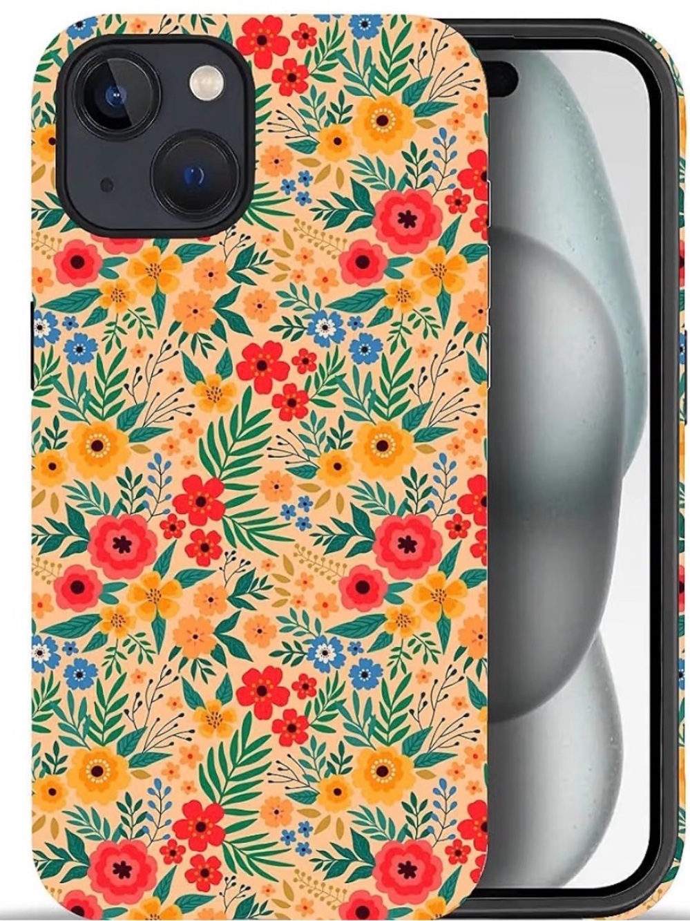 ZHEGAILIAN Case for iPhone 15,Orange Floral 2 in 1 Hard Shell + Silicone